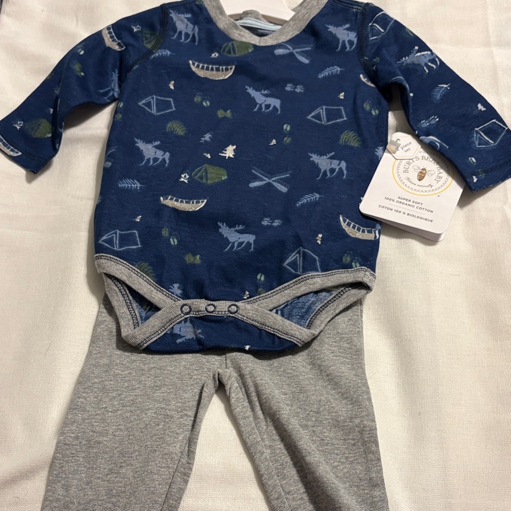 Burts Bees Bay 0-3 Mths Moose Long Sleeve Onesie wPants